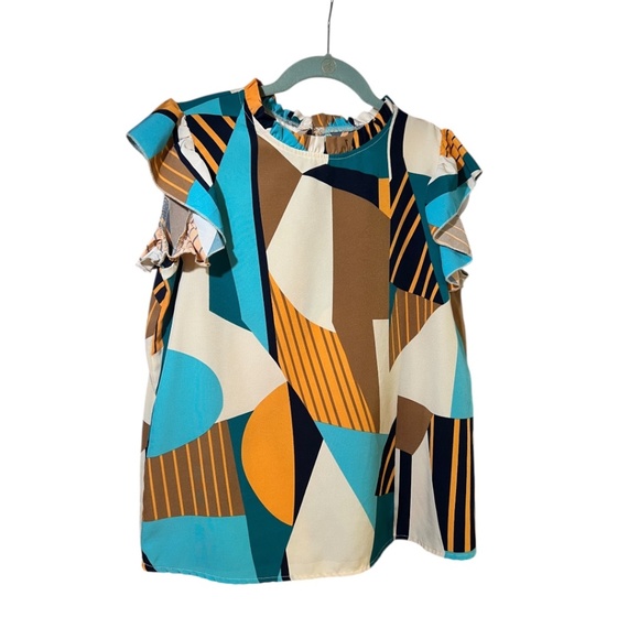 SHEIN Tops - Color Block Neck Ruffle and Faux Pearl back button Blouse Size M